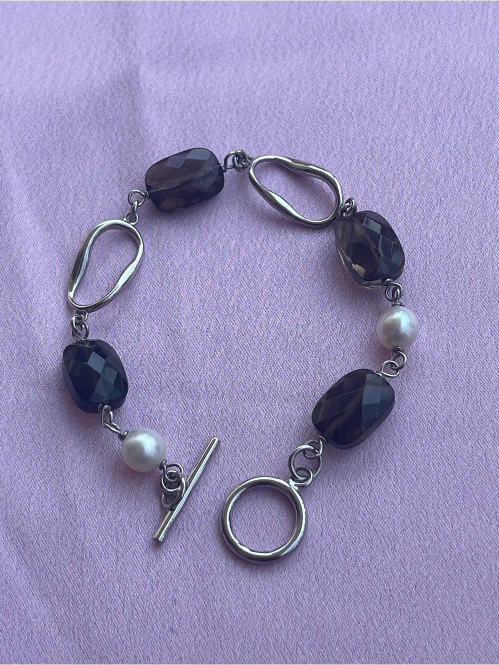 Sterling Silver Bracelet with Dark Amethyst Stones and White Pearls